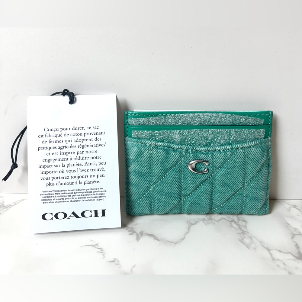 New Coach Quilted Denim Card Case Mini Wallet Holder Green - Picture 3 of 8